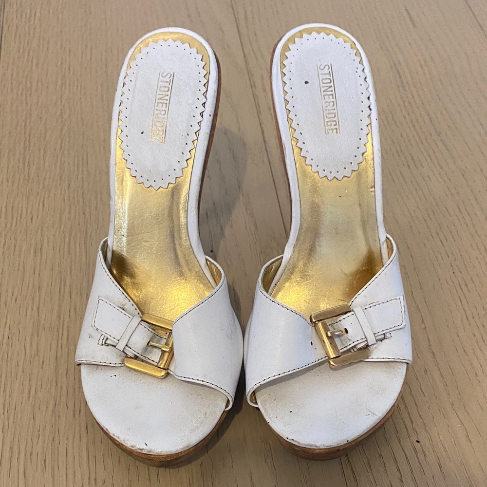 Women's White and Gold Slide Sandals